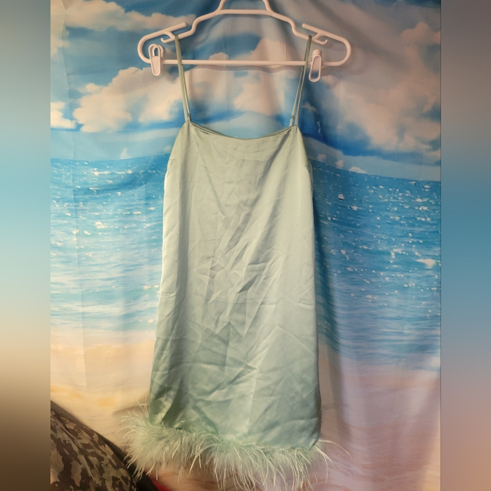 Charmed Hearts NWT Bluish Green Feather Mini Dress Womens‎ Size Large